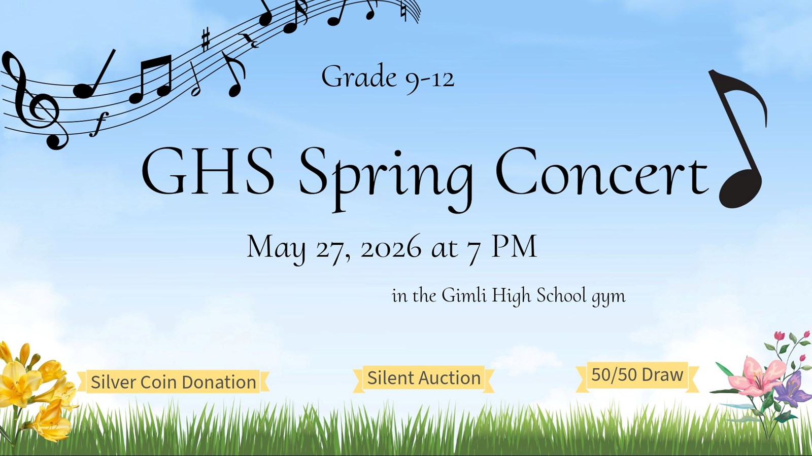 Musical notes, flowers, Concert info