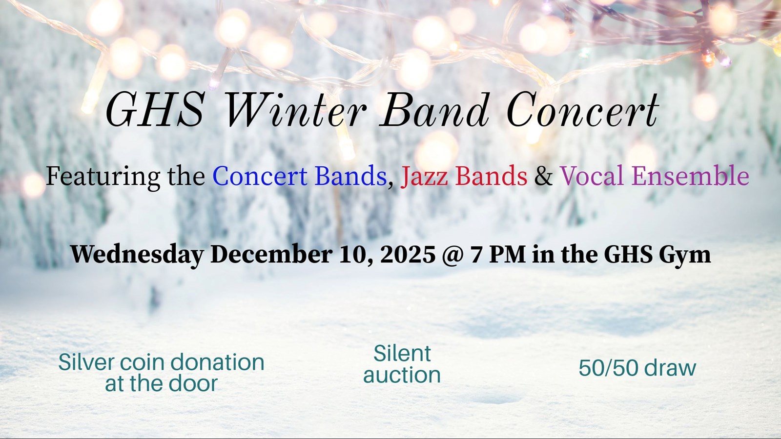 Snow and Christmas faded background with concert details